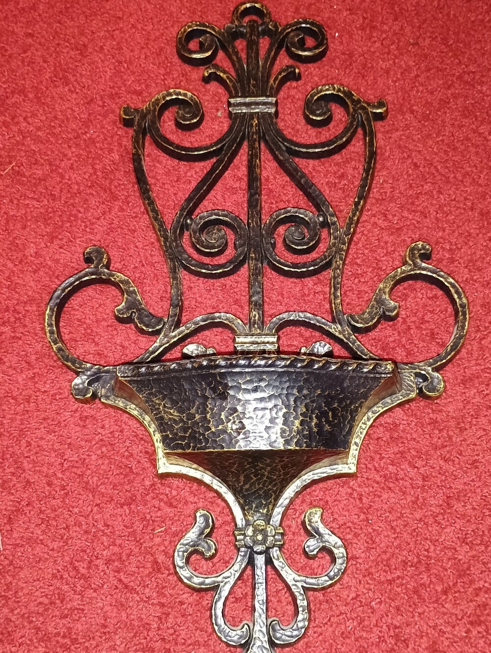 Vintage 70s Homco Large Gold Black Faux Hammered Metal Wall Pocket Planter 6039